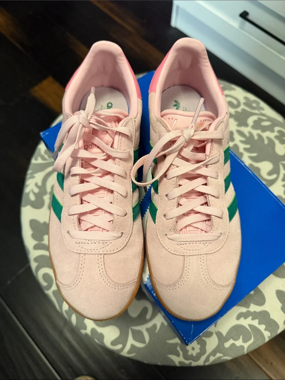 adidas Gazelle Pink Suede Sneakers with Green Three Stripes